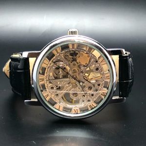 LUXURY WINNER Leather Band Date Skeleton Watch